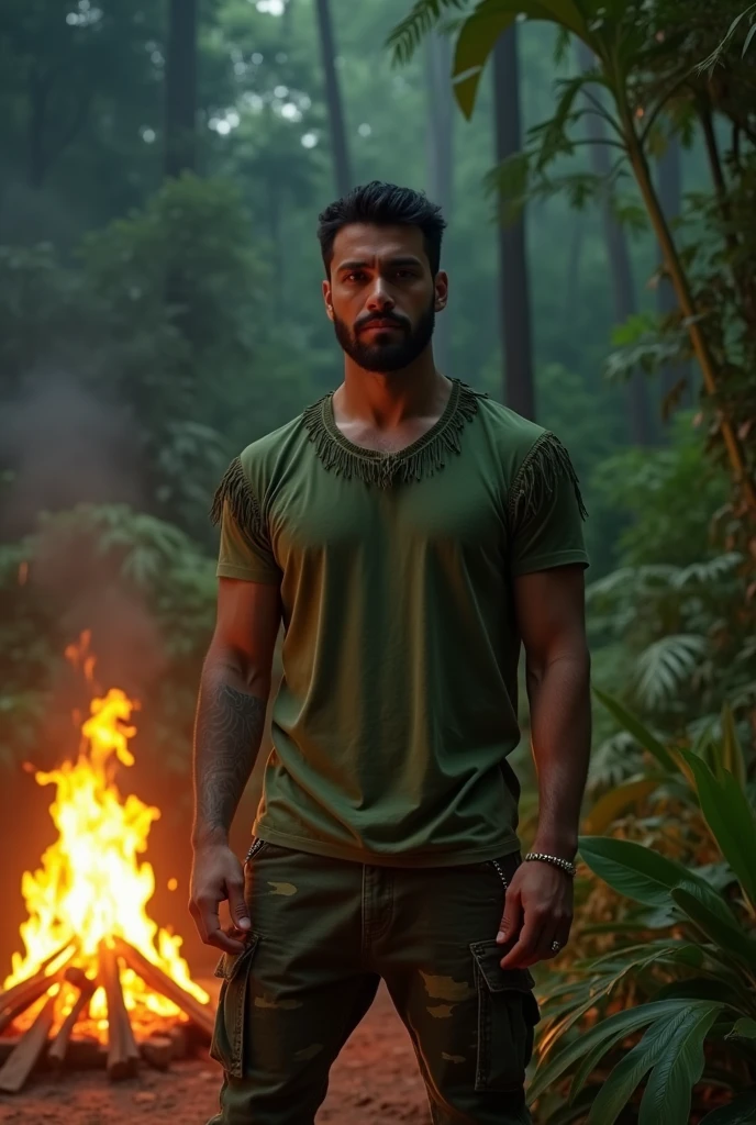 A man with burning motorbike alone in jungle