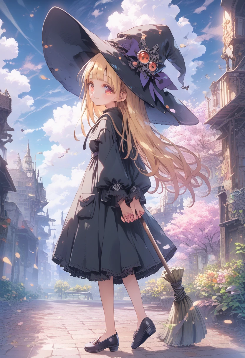 
score_9, score_8_up, score_7_up, score_6_up, score_5_up, score_4_up, masterpiece, best quality, source_anime, Beautiful flower fields all around the countryside、
alone,cute 1girl,(loli:1.4),blonde hair,straight long hair,blunt bangs,red eyes,blush,Smile,pastel hues,walking in お花畑,blurred edges,nostalgic mood,(blurry,(depth of field:1.1),arms behind back,mediterranean,(beautiful delicate sky:1.4),(full body)、Full body immersion、 (1 girl), witch, still young, , (astride broom: 1.5, flying: 1.7), (from behind), holding broom, , smiling, black witch hat, black witch robe, witch shoes, thighs, blue sky, white clouds, calm sunlight,
break (fly high above the clouds:1.6),
(masterpiece), high definition, high saturation, sharp contrast, exquisite illustration, detailed face, detailed hair, detailed clothing texture, perfect anatomy, score_9,score_8_up,score_7_up,score_6_up,source_anime, sc3n3ry,AddXL