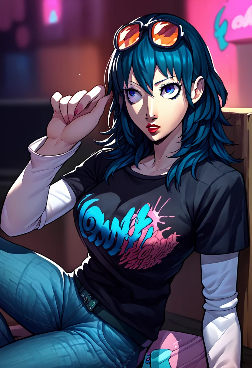 1girl, sunglasses on head, lipstick, black t-shirt, clothes writing, layered sleeves, large breasts, jeans, Byleth, blue hair, blue eyes,