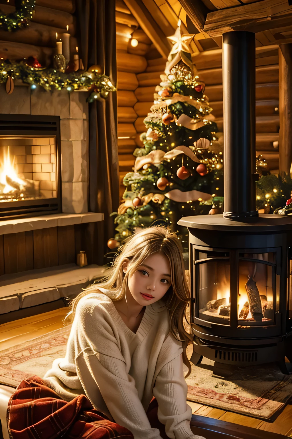 Inside a log house with a fireplace 、 a huge Christmas tree in the living room、  The cutest granddaughter is relaxing in front of the fireplace and looking back at the old man behind her、Focus on granddaughter 、 granddaughter is the cutest、The depiction of a granddaughter is accurate 、My granddaughter is  from Scandinavia、 hair color is blonde 