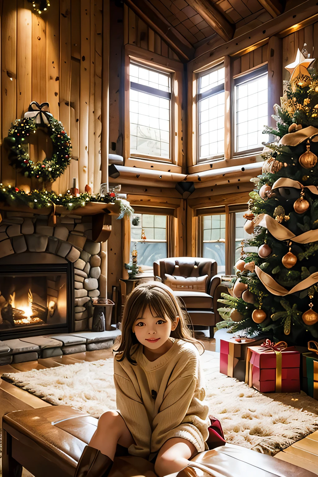 Inside a log house with a fireplace 、 a huge Christmas tree in the living room、  The cutest granddaughter is relaxing in front of the fireplace and looking back at the old man behind her、Focus on granddaughter 、 granddaughter is the cutest、The depiction of a granddaughter is accurate 、My granddaughter is  from Scandinavia、 hair color is blonde 