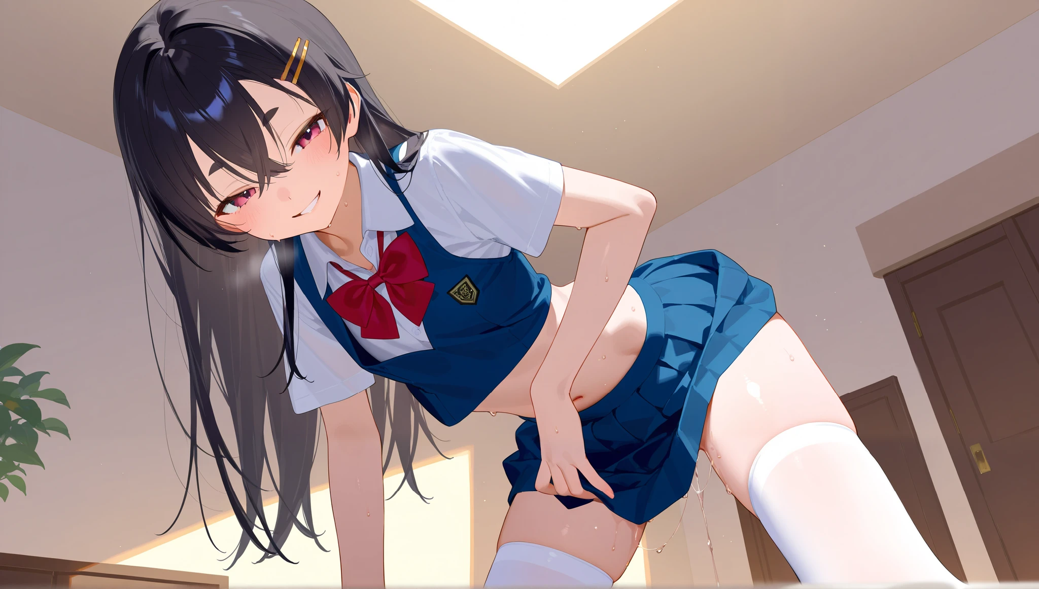 masterpiece, ultra quality, ultra sharp, ultra detailed, 1girl, solo, (((good anatomy))), haduki kurumi, (tattered torn dripping wet white gym shirt), navy gym pants, animal ears, randoseru, name tag, Japanese anime pose, laugh, BurumaShorts, Buruma, Gym Uniform, (((lying:1.4, spread_legs, legspread, split_legs, spreading legs)), (randoseru backpack:1.4), (smug smile), buruma, blue buruma, black buruma, (cameltoe), (tattered torn short sleeve white gym uniform with colored hem), (tiny nipples), (white long loose socks), strong lighting, legspread, bukkake, cum on clothes, cum on legs, cum on buruma, cum on bloomers,