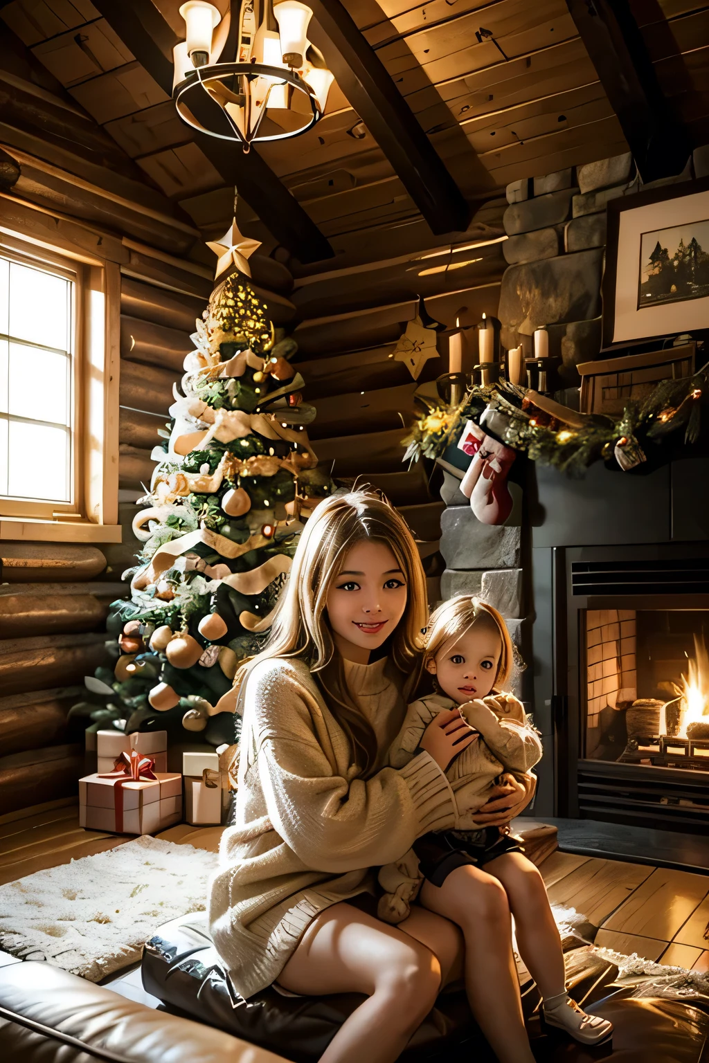 Inside a log house with a fireplace 、 a huge Christmas tree in the living room、  The cutest granddaughter is relaxing in front of the fireplace and looking back at the old man behind her、Focus on granddaughter 、 granddaughter is the cutest、The depiction of a granddaughter is accurate 、My granddaughter is  from Scandinavia、 hair color is blonde 