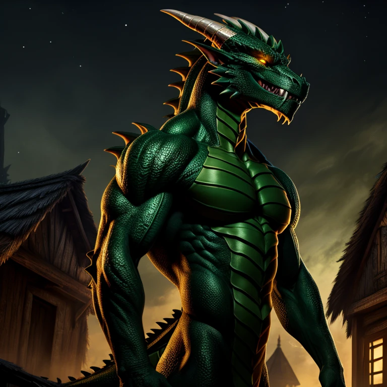 50 meter huge humanoid wingless dragon with a detailed dark green scaled body and green scaled belly and amber glowing eyes, snarling, fangs, dragon tail, slim belly, slim and muscular body, towering over the houses of a village, night time, portrait with shoulders and chest, semi side angle,