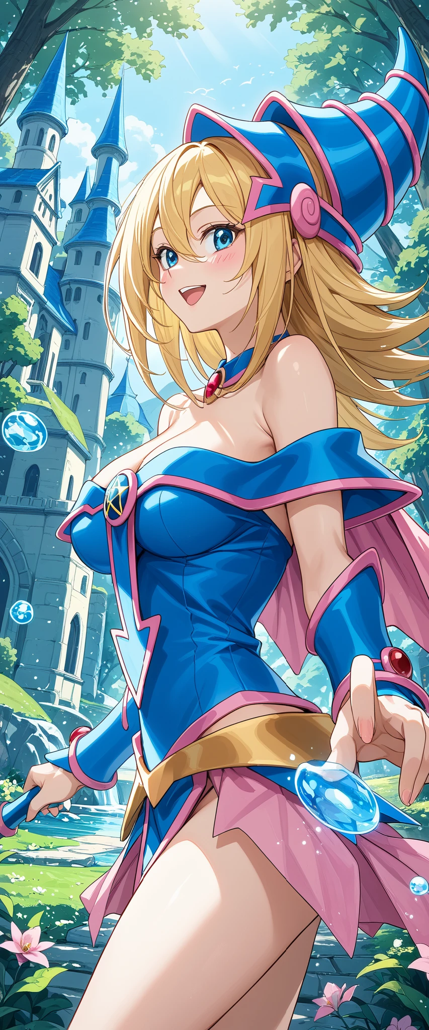 dark magician girl nsfw, Glass cover,  upper body , side shot, Alternative Color,  Masterpiece,  detailed illustration , natural,  pixiv of the highest quality , exquisite, {{{Cute 1dark magician girl}}},  super beauty merging with the machine ,  Elaborate shabby chic pattern , Beautiful and Bright Woman,  half of my body is made of machine ,  Transparent crystal body ,  the inner machine is transparent ,  Cinematic lighting, dynamic angle,  dynamic pose ,  blue eyed dragon by Yugioh Forest , depth of field.  Magic Macaw on the bottom .  Hearts magicians showing off your VOLUPTUOUS body, big ,  beautiful, sensual,  BLUSHING from head to toe ,  WALKING AROUND THE CASTLE ,  SMILING PLAYING WITH SEXY MAGIC ,  BLOND HAIR INTERACTING WITH MAGIC 
