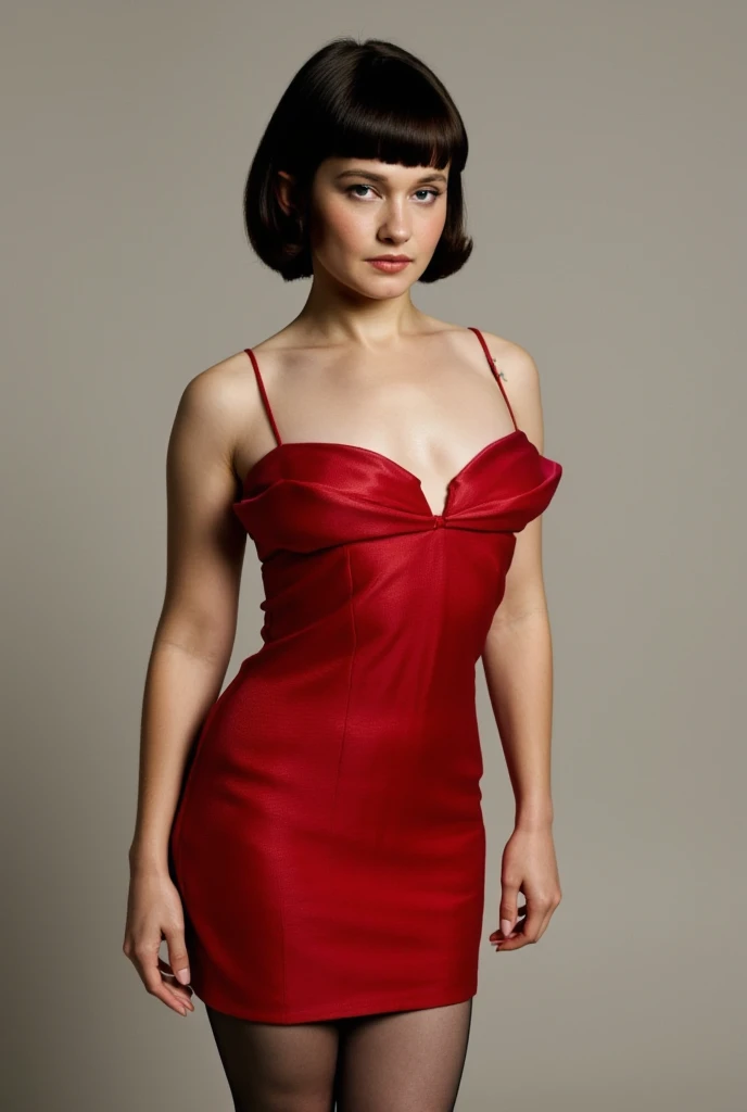 Cailee Spaeny with black hair, bob cut hair, detailed photo, red dress with thin straps, seductive, detailed face, nice legs in tights