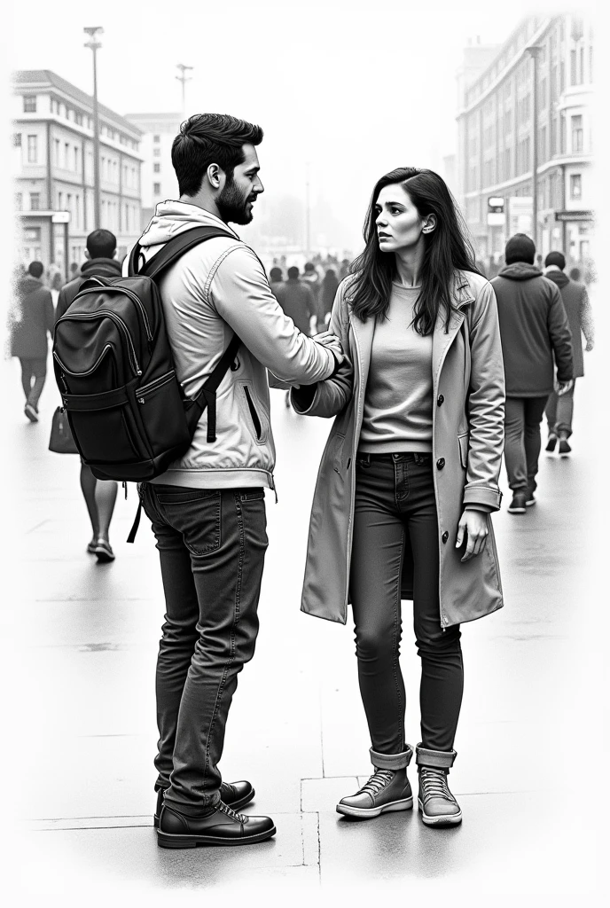 In a bustling metropolis, Jesus walks undercover down the street wearing contemporary clothes. Ao avistar seu amigo em sofrimento, He hugs him warmly, envolvendo-o com seu amor incondicional