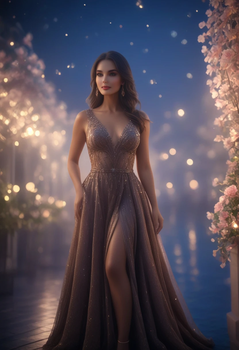 A woman in a shimmering silver dress, detailed facial features, long flowing hair, graceful posture, standing in a ethereal, dreamlike garden setting, HDR, 8K, photorealistic, concept art style, warm lighting, vibrant colors, cinematic composition