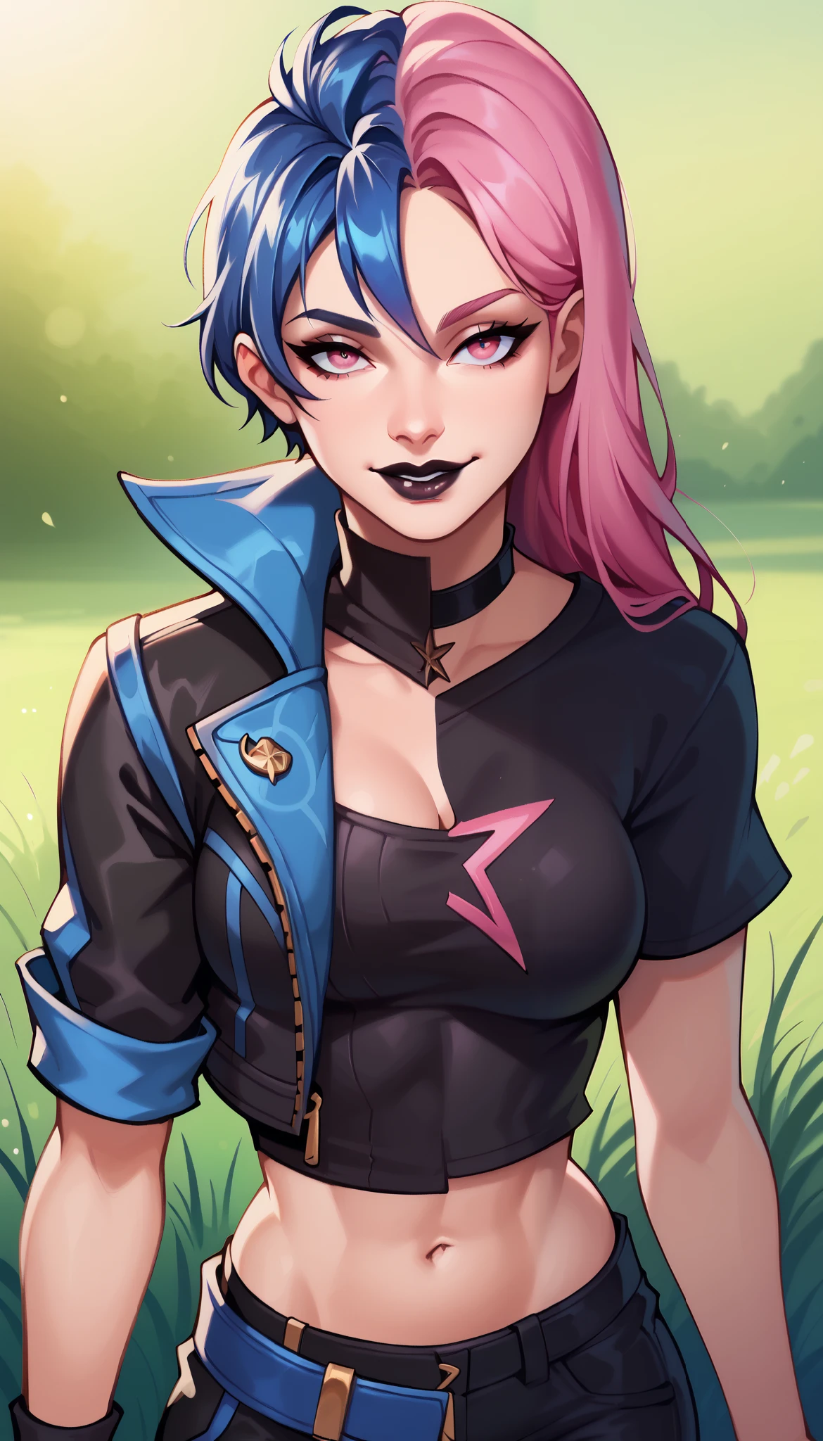 BREAK, HazeFN, pink hair, black lipstick, long hair, pink eyes, black shirt, short sleeves, midriff, leather pants, choker, star print, grass, seductive smile, looking at viewer, breasts, 1 girl, solo, split eyes color, split lips color