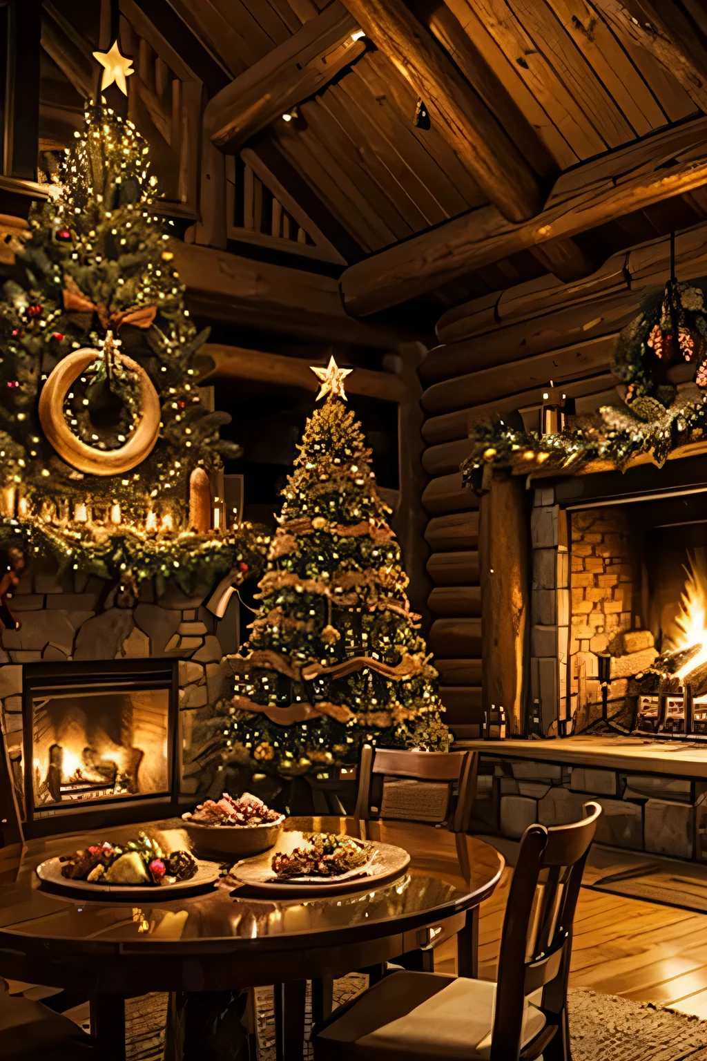 Inside a log house with a fireplace 、 a huge Christmas tree in the living room、 focus on the Christmas tree 、A gray-haired man in his 70s is reading on the sofa 、 The man is Western and wears a sweater and reading glasses、Late Night