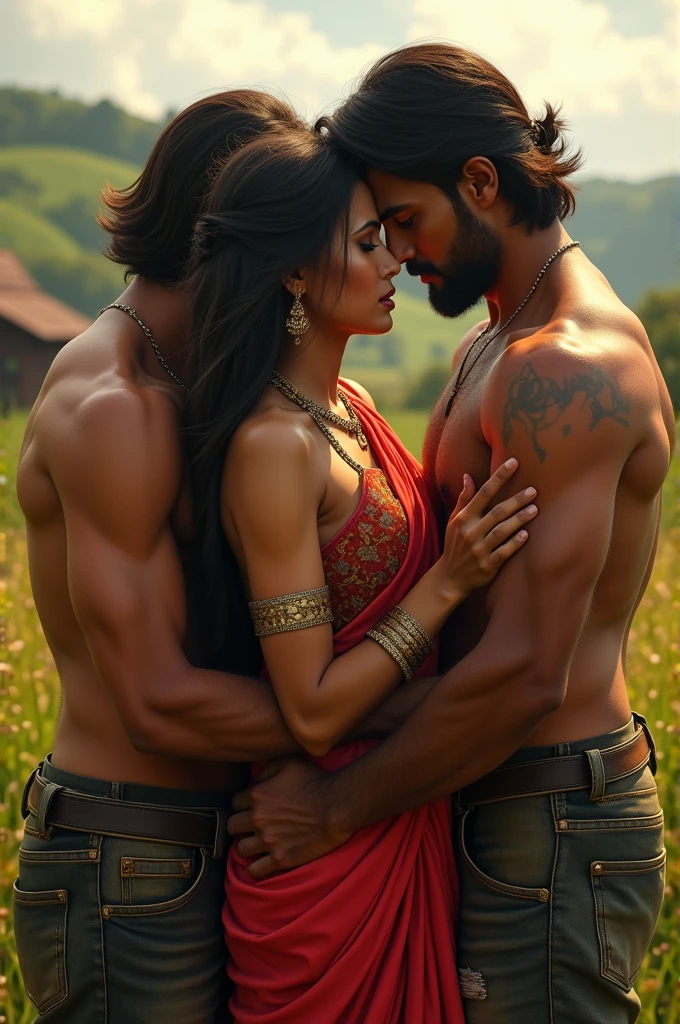 Newly wed couple, hot south indian slim milf with long black hair, big breast, big hip, big ass, thick thighs, woman wearing saree, indian couple, short brown man with afro haircut, big muscular body and beard, man wearing shorts, woman with man, high resolution, looking at camera,