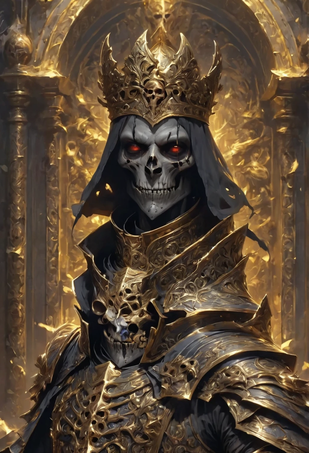 (masterpiece, best quality, ultra-detailed, best shadow), (detailed background, dark fantasy), templari, priest, medieval armor full gold. black skull face , clothe black and little gold, terror in face, crazy, eyes yellow, League of legends stile, be of low vibration.