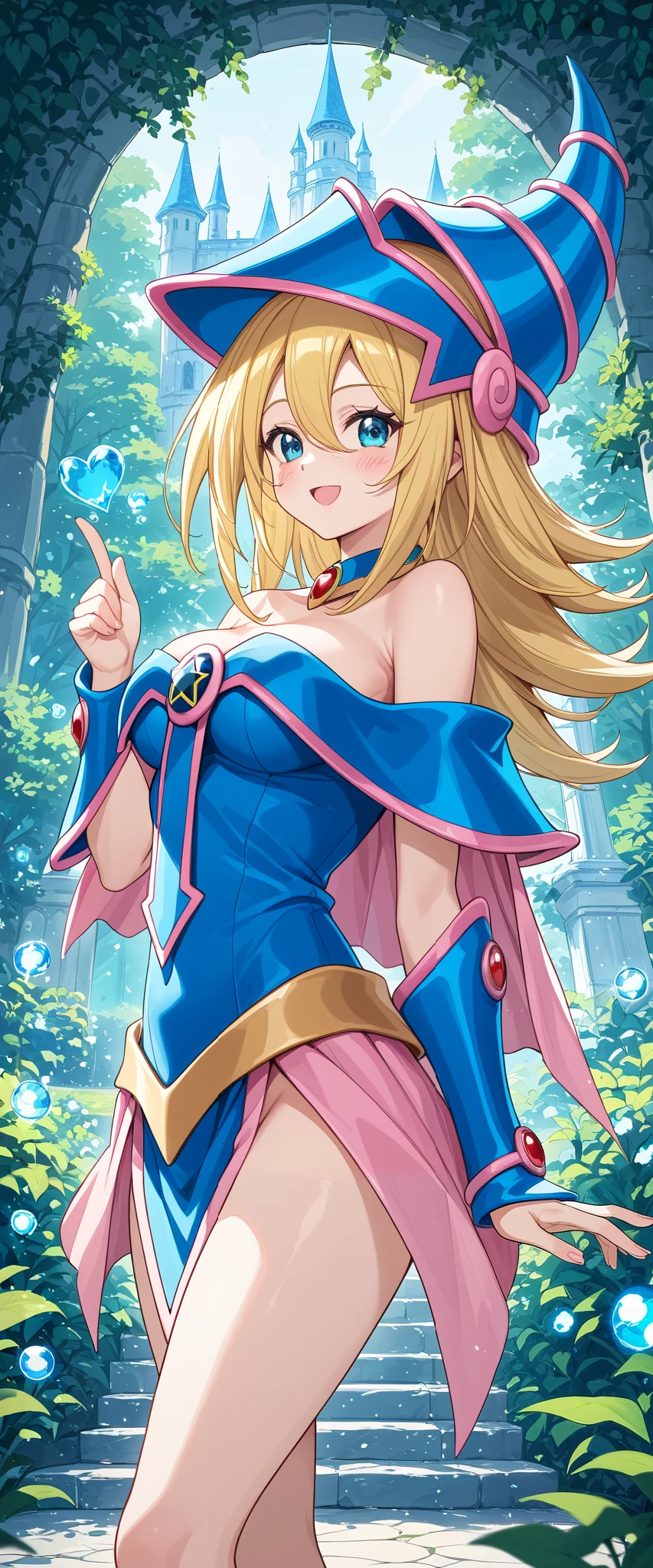 dark magician girl nsfw, Glass cover,  upper body , side shot, Alternative Color,  Masterpiece,  detailed illustration , natural,  pixiv of the highest quality , exquisite, {{{Cute 1dark magician girl}}},  super beauty merging with the machine ,  Elaborate shabby chic pattern , Beautiful and Bright Woman,  half of my body is made of machine ,  Transparent crystal body ,  the inner machine is transparent ,  Cinematic lighting, dynamic angle,  dynamic pose ,  blue eyed dragon by Yugioh Forest , depth of field.  Magic Macaw on the bottom .  Hearts magicians showing off your VOLUPTUOUS body, big ,  beautiful, sensual,  BLUSHING from head to toe ,  WALKING AROUND THE CASTLE ,  SMILING PLAYING WITH SEXY MAGIC ,  BLOND HAIR INTERACTING WITH MAGIC 