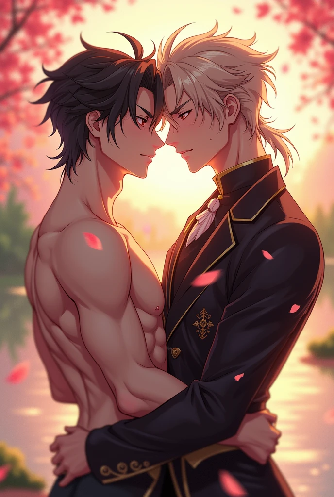 Ultra detailed, Highres, absurdres, HDR, master piece, Gilgamesh, blond hair, expressive red eyes, Diarmuid Ua Duibhne, black hair, expressive yellow eyes, mole under his eye, Fate Grand Order, two sexy man together, gay couple, love, extremely detailed eyes and face, water, pink flowers, blossoms, petals, fantasy, magic, best quality, sexy, toned chest, black clothes, handsome, yaoi