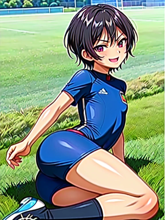 (((Official Art,Ultra-thin illustration,High resolution, Mastepiece, Best Quality,Best Quality,)))high quality, detailed, (Little Boy),12 year old, A young, ace striker male idol with a super cute face,A boy as beautiful as Planding, Smiling cool handsome face, soccer spike, Beautiful long legs, Thighs, Foots, No bulge, (Black Hair、Short Hair)、Shiny Hair, (Tight shiny random color soccer uniform suit), (Tight and shiny soccer shorts), (Soccer socks), Grassland, Cool pose, (厚いThighs、Seducing a big ass into your crotch)、(((Soccer field in the park:1.2)))、((Saucy))、Grinning、Spread legs,Ultra-fine painting, (Best Quality, 4K, 8K, High resolution, Mastepiece:1.2),Service shot、((detailedな目:1.2))、Showing off her big ass、Proud ass、