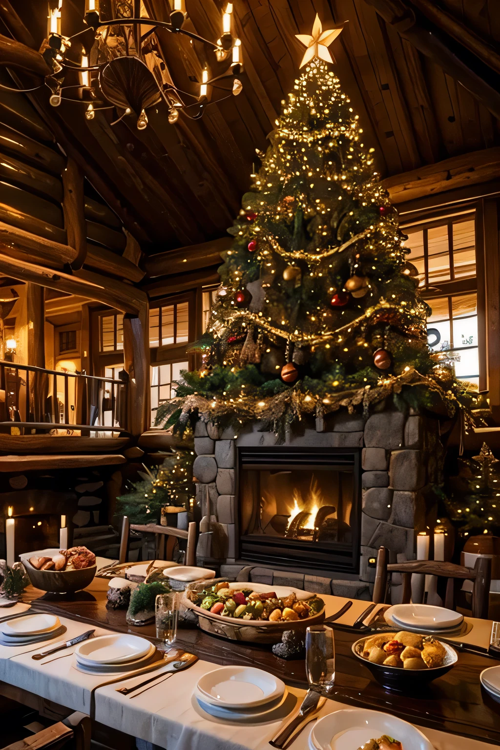 Inside a log house with a fireplace 、 a huge Christmas tree in the living room、 focus on the Christmas tree 、A gray-haired man in his 70s is reading on the sofa 、 The man is Western and wears a sweater and reading glasses、Late Night