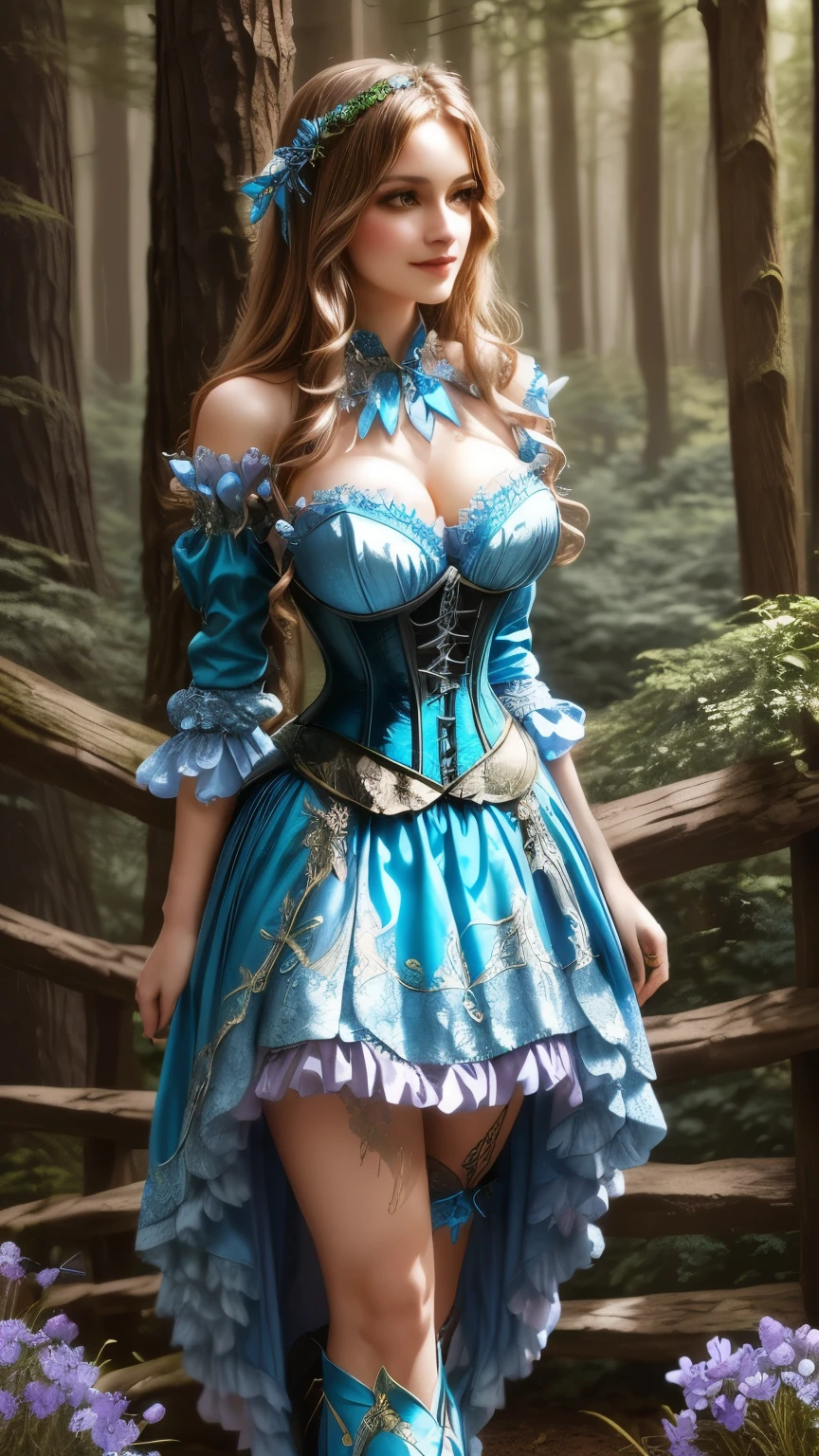 arafed woman in a blue dress in a forest, fantasy outfit, fantasy style clothing, blue corset, beautiful fantasy maiden, a sexy maid in a magical forest, fantasy dress, cyan corset, wearing fantasy clothing, fantasy clothing, beautiful maiden, retro and fantasy style, elegant corset, beautiful detailed fantasy, corset, anime princess, wearing fantasy formal clothing