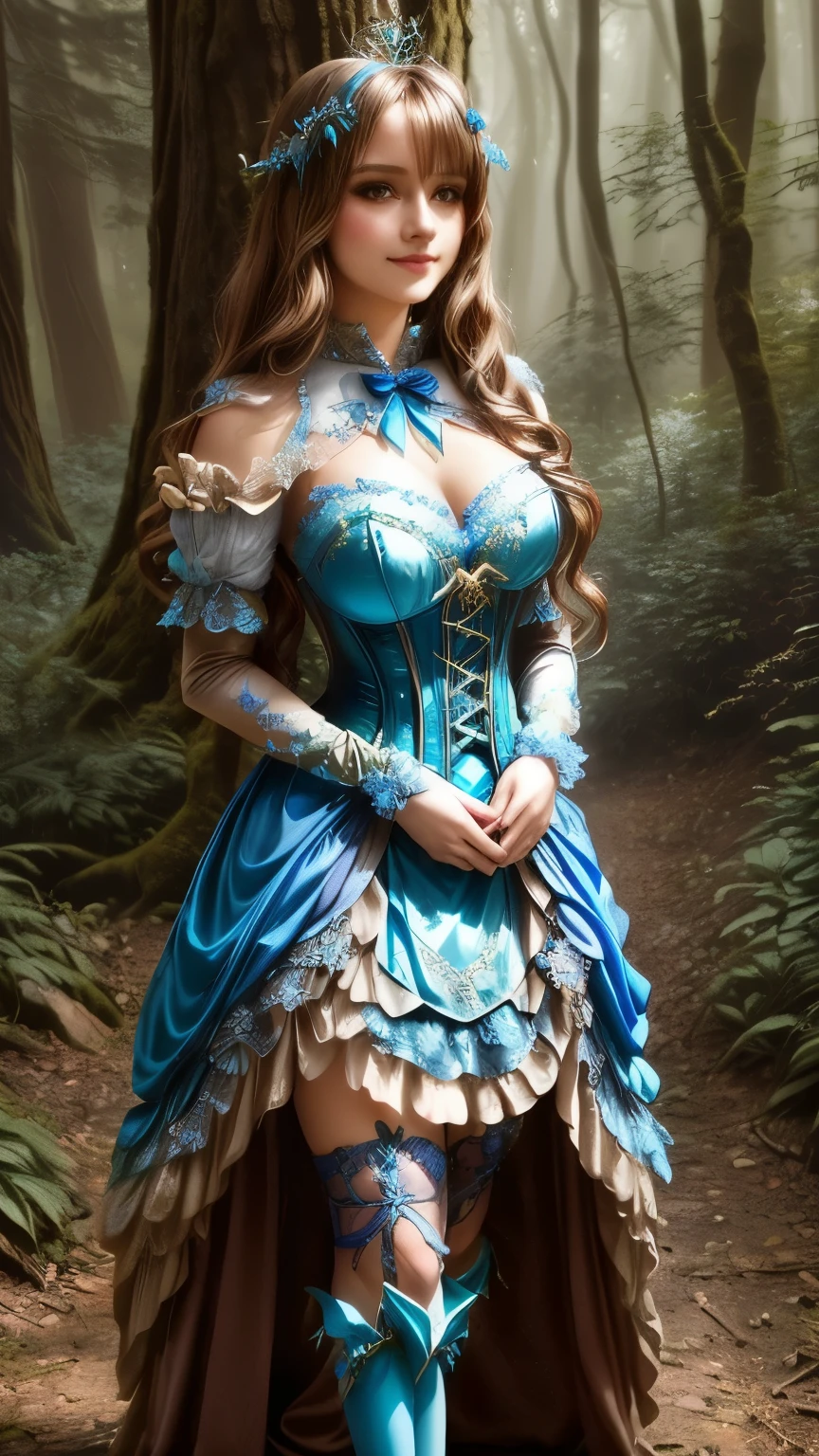 arafed woman in a blue dress in a forest, fantasy outfit, fantasy style clothing, blue corset, beautiful fantasy maiden, a sexy maid in a magical forest, fantasy dress, cyan corset, wearing fantasy clothing, fantasy clothing, beautiful maiden, retro and fantasy style, elegant corset, beautiful detailed fantasy, corset, anime princess, wearing fantasy formal clothing