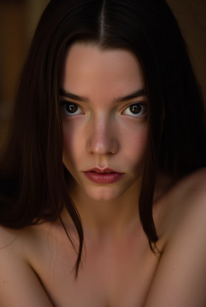 Anya Taylor Joy, close up photo, topless, seductive, detailed face, straight black hair