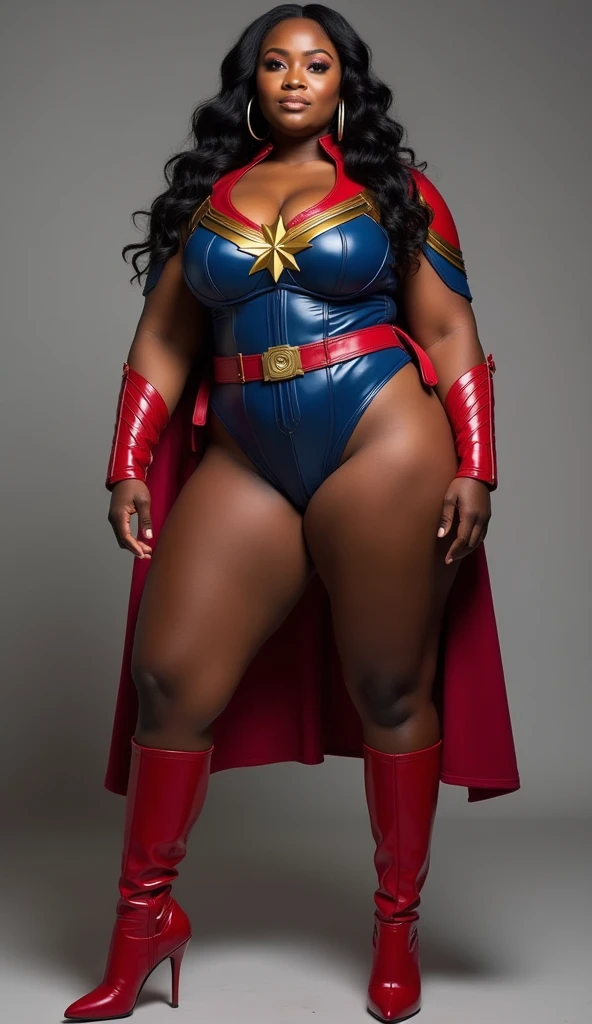 Cardinal, a beautiful woman with (dark skin) wearing a black and red bodysuit, long sleeves, leggings. Athletic, huge breasts, wide hips. Short curly black hair, batons, utility belt, bracers. Cheerful. Short mini half cape. Confident.