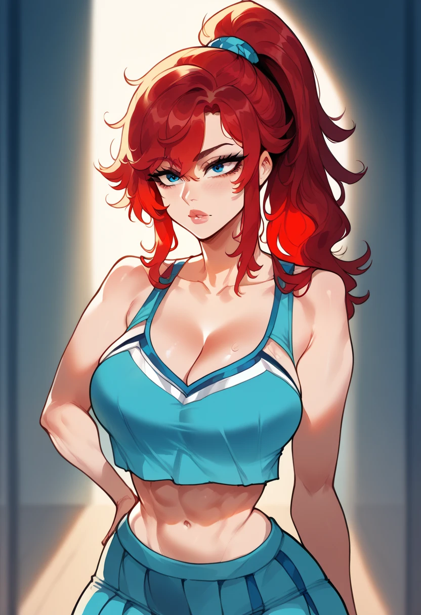 Beautiful woman, red hair, messy hair, bangs, ponytail, blue eyes, big breasts, fit body, hourglass figure, wide hips, athletic, cheerleader outfit, aqua cheerleader outfit, cleavege, decollete, collarbone, bare midriff, miniskirt, crop top overhang