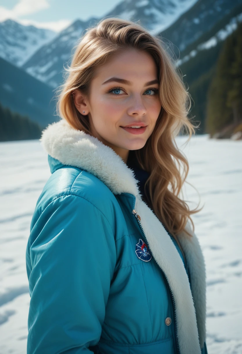 ((1girl in, age19, Solo, Long wavy blond hair, messy wind blown hair, blondehair, (dark blue eyes), Colossal tits, portrait shot, (textured skin, skin pores:1.1))), imperfect skin, goosebumps, freckles, in a town park, wood bench, (huge snowy mountains: 1.8), (extremely detailed 8k wallpaper), soft lighting, high quality, film grain, Fujifilm XT3 sharp focus, f 2.6, 135mm, High Detail, Sharp focus,(natural light), (seductive), Realistic, ultra realistic, photo realistic, crazy details, complex details, hyper detailed, (she wearing a red winter jacket: 1.5), fuzzy jacket lining, (wearing a scarf & white leggings: 1.1)