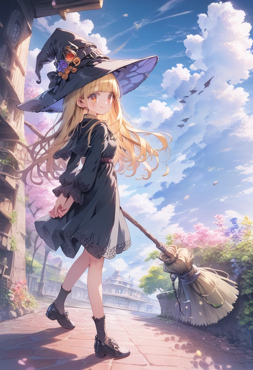 
score_9, score_8_up, score_7_up, score_6_up, score_5_up, score_4_up, masterpiece, best quality, source_anime, Beautiful flower fields all around the countryside、
alone,cute 1girl,(loli:1.4),blonde hair,straight long hair,blunt bangs,red eyes,blush,Smile,pastel hues,walking in お花畑,blurred edges,nostalgic mood,(blurry,(depth of field:1.1),arms behind back,mediterranean,(beautiful delicate sky:1.4),(full body)、Full body immersion、 (1 girl), witch, still young, , (astride broom: 1.5, flying: 1.7), (from behind), holding broom, , smiling, black witch hat, black witch robe, witch shoes, thighs, blue sky, white clouds, calm sunlight,
break (fly high above the clouds:1.6),
(masterpiece), high definition, high saturation, sharp contrast, exquisite illustration, detailed face, detailed hair, detailed clothing texture, perfect anatomy, score_9,score_8_up,score_7_up,score_6_up,source_anime, sc3n3ry,AddXL