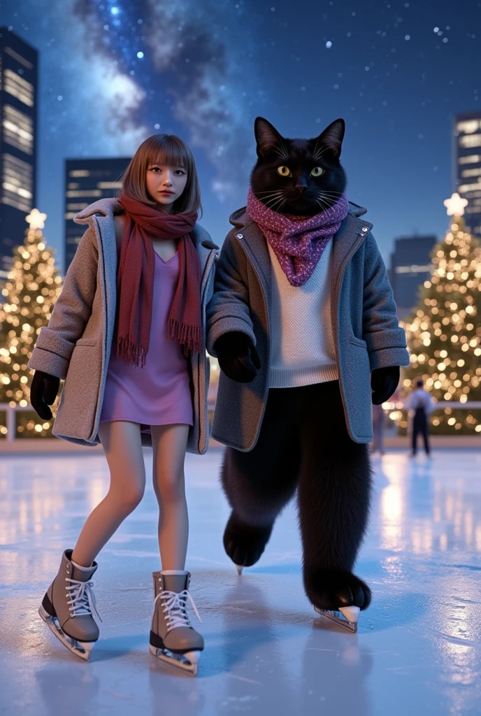 ultra-realistic, photorealistic, dramatic scene, shadow, global-illumination, solo, (teenage Japanese famous idol girl), very beautiful fragile Japanese girl, very beautiful with very cute, (very large breasts), slim waist, she is wearing\(a elegant winter jacket over a stylish pink one-piece dress, reddish brown woolen scarf, glove, short boots, dark navy tights\), (very large breasts), She is Ice skating with a human-like cute giant black cat\(ears down, as tall as she, chubby, standing like a human, gray long woolen coat over a white V-neck sweater, light purple woolen scarf\), At an outdoor skating rink on the roof of a department store, at night, professional lighting, amazing view of skyscrapers with milky way