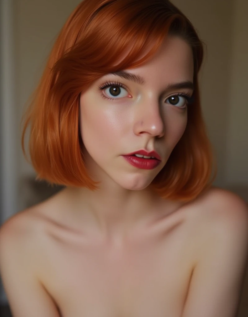 Anya Taylor Joy, close up photo, topless, seductive, detailed face, bob cut ginger hair