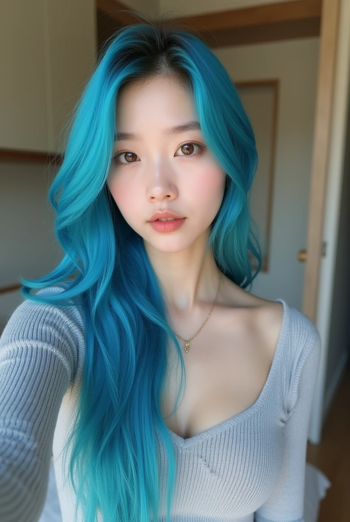 Korean woman in her 20s taking a selfie in her room, Natural, Genuine,  probably posted on SNS , Her upper body and face 、Blue long Hair、very long hair、Sexy knitwear、 white skin