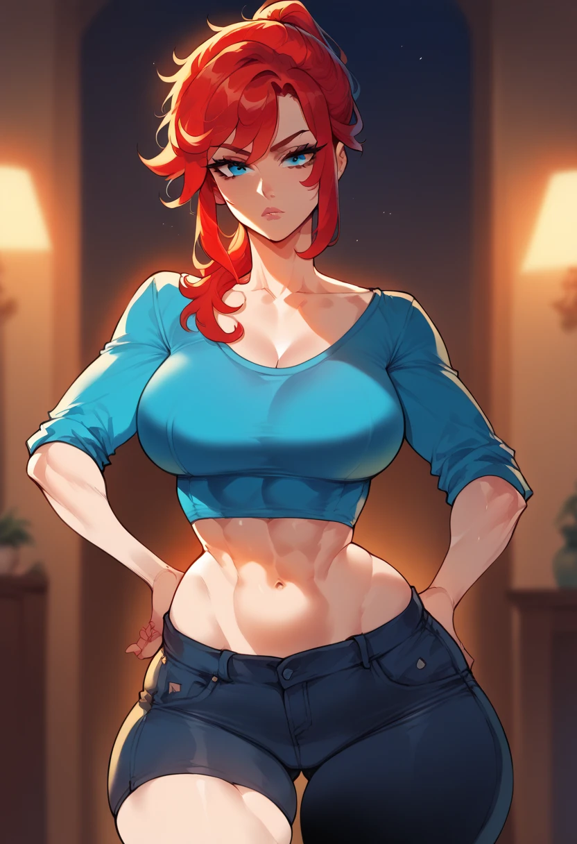 Beautiful woman, red hair, messy hair, bangs, ponytail, blue eyes, big breasts, fit body, hourglass figure, wide hips, athletic, aqua top, cleavege, decollete, collarbone, bare midriff, aqua miniskirt, crop top overhang