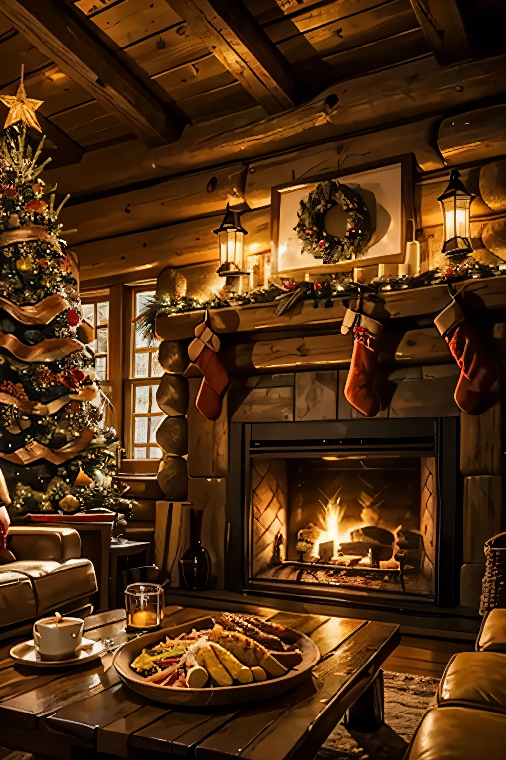 Inside a log house with a fireplace 、 a huge Christmas tree in the living room、 focus on the Christmas tree 、A gray-haired man in his 70s is reading on the sofa 、 The man is Western and wears a sweater and reading glasses、Late Night