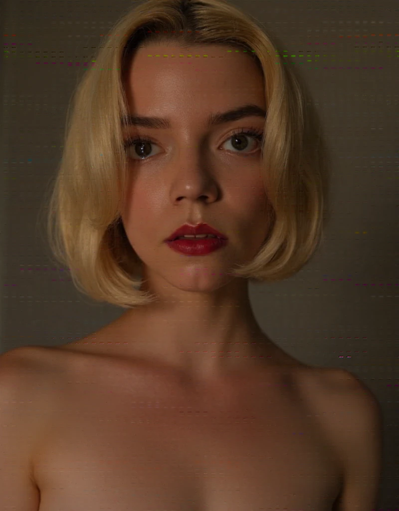 Anya Taylor Joy, close up photo, topless, seductive, detailed face, bob cut blonde hair