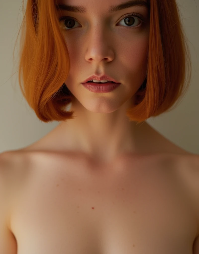 Anya Taylor Joy, close up photo, topless, seductive, detailed face, bob cut ginger hair