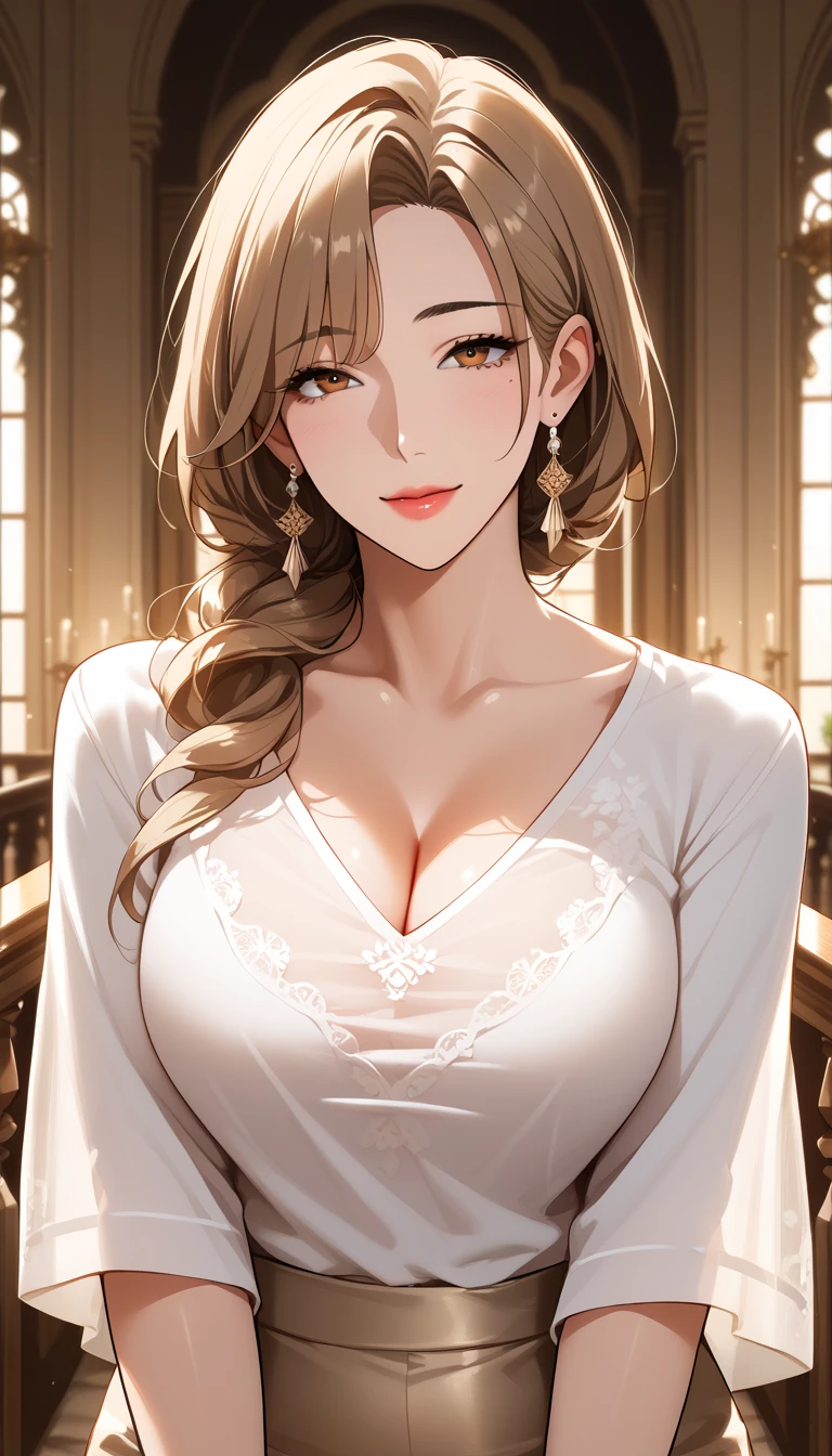 Score_9, Score_8_up, Score_7_up, Source_anime, anime art, anime style, very aesthetic, masterpiece, high quality, 1girl, elegant mature woman, milf, long sleeve, t-shirt, cleavage, brown hair, long hair, wolf cut hairstyle, home, soft light, mfant