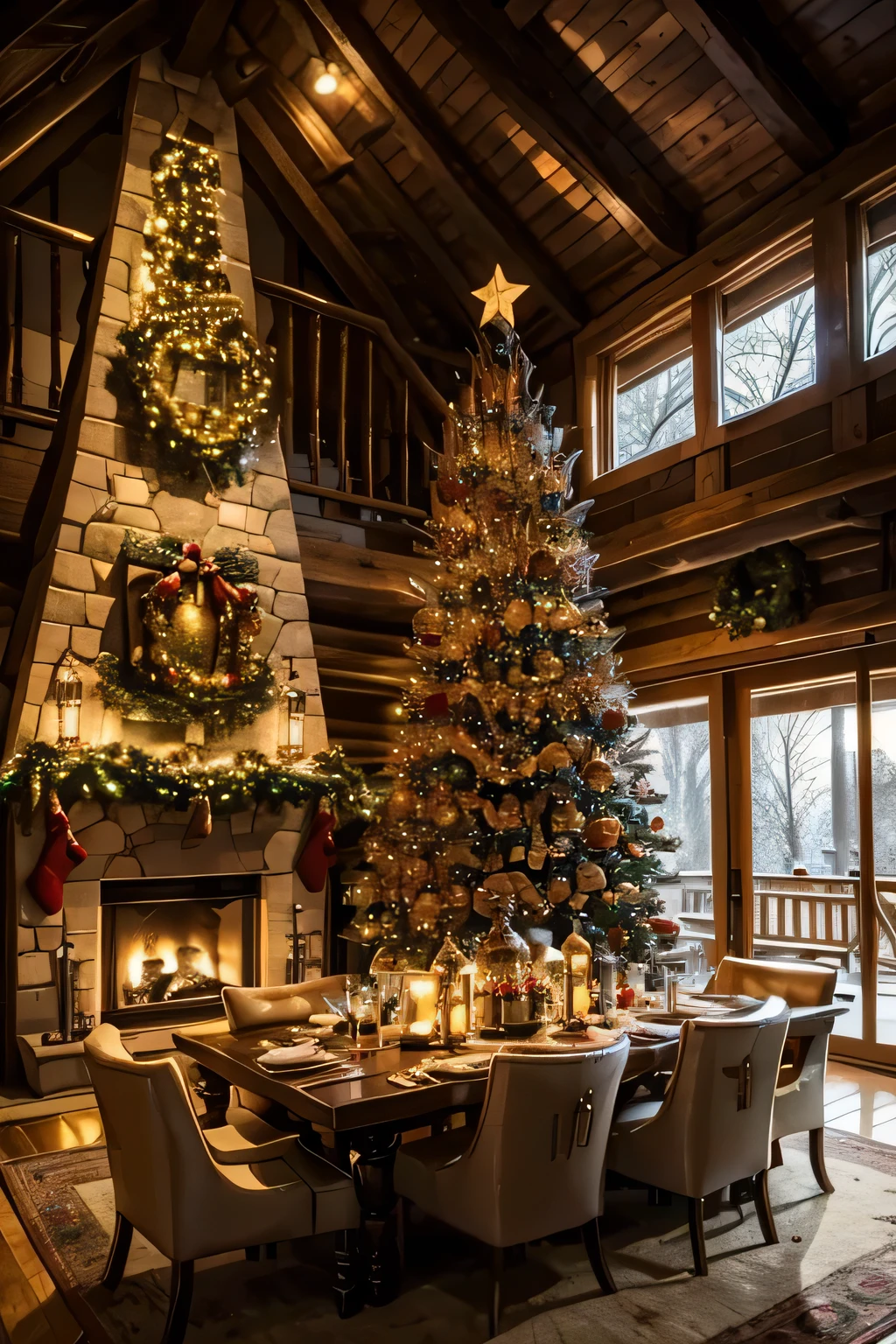 Inside a log house with a fireplace 、 a huge Christmas tree in the living room、 focus on the Christmas tree 、A gray-haired man in his 70s is reading on the sofa 、 The man is Western and wears a sweater and reading glasses、Late Night