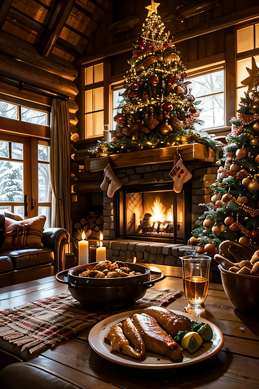 Inside a log house with a fireplace 、 a huge Christmas tree in the living room、 focus on the Christmas tree 、A gray-haired man in his 70s is reading on the sofa 、 The man is Western and wears a sweater and reading glasses、Late Night