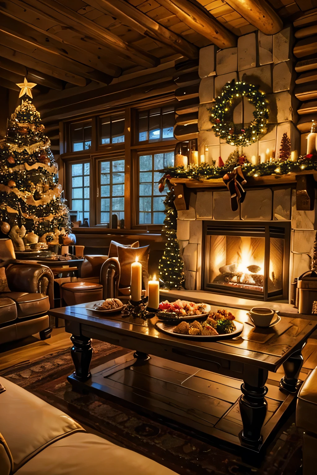 Inside a log house with a fireplace 、 a huge Christmas tree in the living room、 focus on the Christmas tree 、A gray-haired man in his 70s is reading on the sofa 、 The man is Western and wears a sweater and reading glasses、Late Night