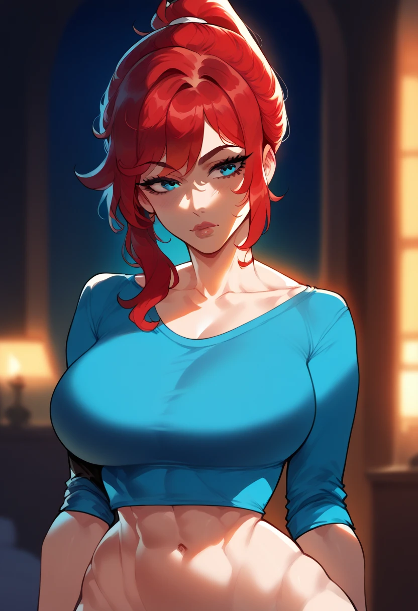 Beautiful woman, red hair, messy hair, bangs, ponytail, blue eyes, big breasts, fit body, hourglass figure, wide hips, athletic, aqua crop top, cleavege, decollete, collarbone, bare midriff, aqua miniskirt, crop top overhang