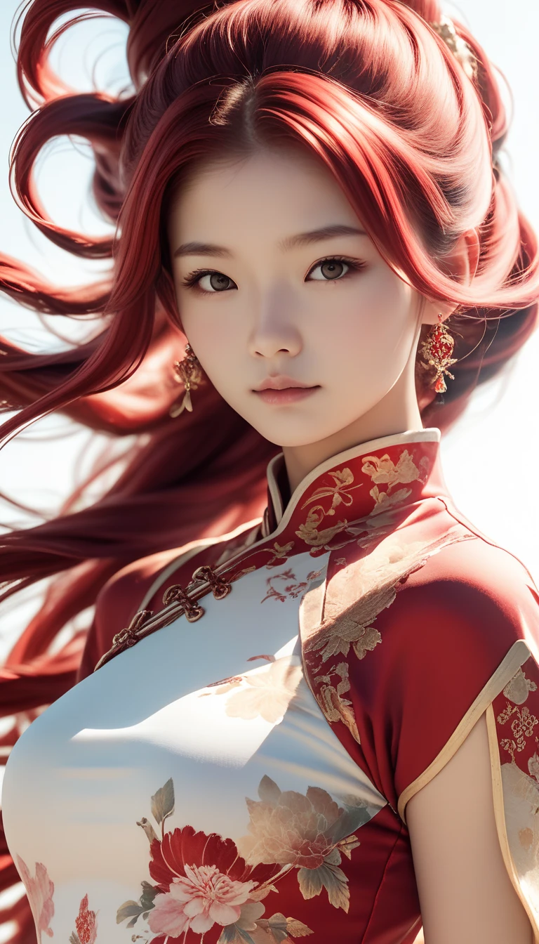  girl, Chinese Costume, whole body, sunlight,  Beautiful skin,  white background , masterpiece,  super detailed, , ,  high image quality,  very detailed with crimson hair,  Official Art , 8k wallpaper,  super detailed, 32K
