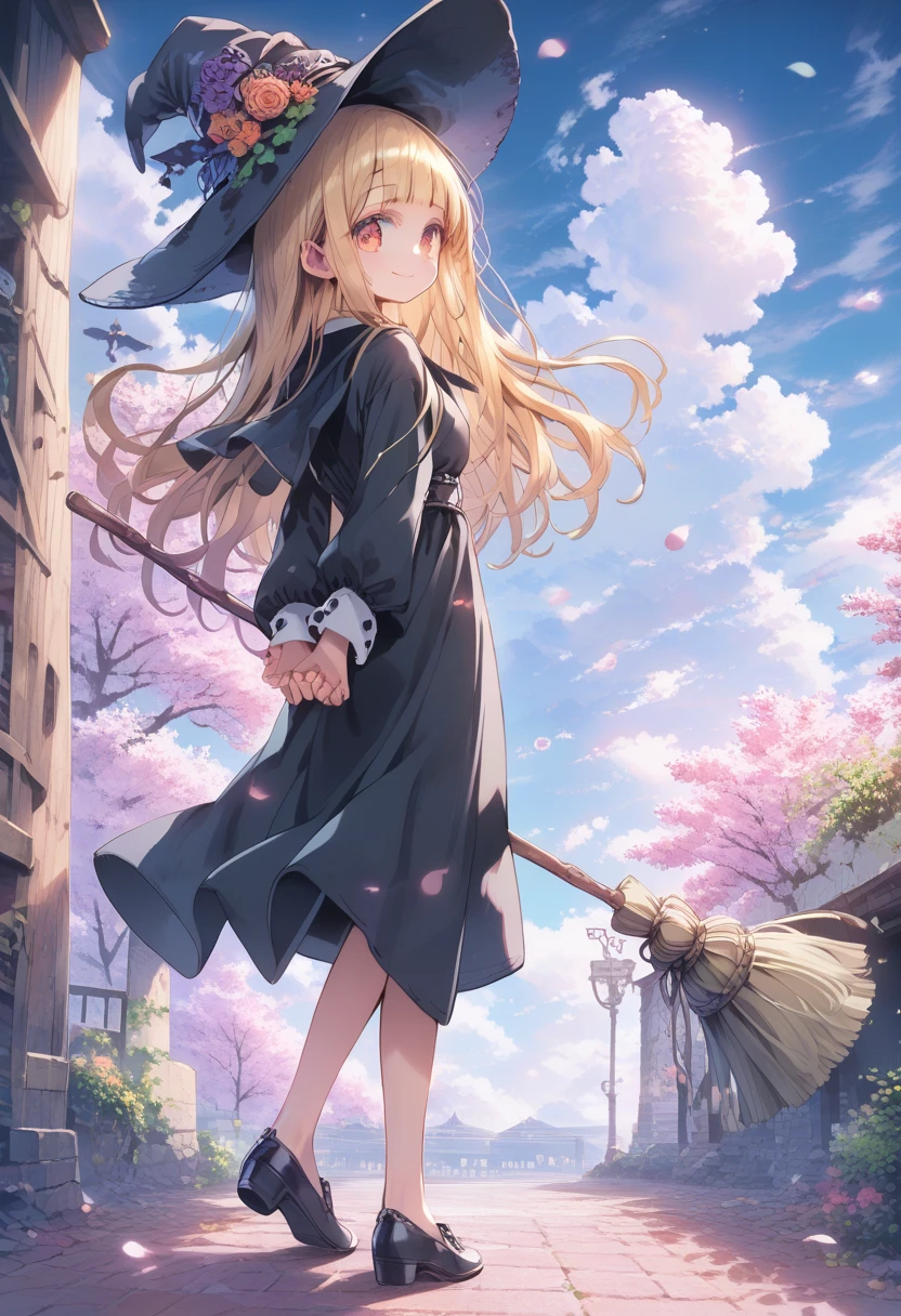 
score_9, score_8_up, score_7_up, score_6_up, score_5_up, score_4_up, masterpiece, best quality, source_anime, Beautiful flower fields all around the countryside、
alone,cute 1girl,(loli:1.4),blonde hair,straight long hair,blunt bangs,red eyes,blush,Smile,pastel hues,walking in お花畑,blurred edges,nostalgic mood,(blurry,(depth of field:1.1),arms behind back,mediterranean,(beautiful delicate sky:1.4),(full body)、Full body immersion、 (1 girl), witch, still young, , (Woman wearing glasses : 1.5, flying: 1.7), (from behind), holding broom, , smiling, black witch hat, black witch robe, witch shoes, thighs, blue sky, white clouds, calm sunlight,
break (fly high above the clouds:1.6),
(masterpiece), high definition, high saturation, sharp contrast, exquisite illustration, detailed face, detailed hair, detailed clothing texture, perfect anatomy, score_9,score_8_up,score_7_up,score_6_up,source_anime, sc3n3ry,AddXL