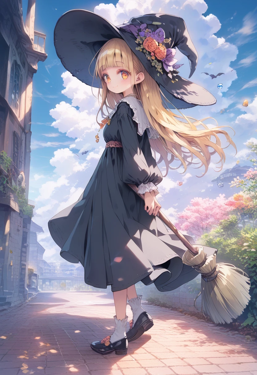 
score_9, score_8_up, score_7_up, score_6_up, score_5_up, score_4_up, masterpiece, best quality, source_anime, Beautiful flower fields all around the countryside、
alone,cute 1girl,(loli:1.4),blonde hair,straight long hair,blunt bangs,red eyes,blush,Smile,pastel hues,walking in お花畑,blurred edges,nostalgic mood,(blurry,(depth of field:1.1),arms behind back,mediterranean,(beautiful delicate sky:1.4),(full body)、Full body immersion、 (1 girl), witch, still young, , (Woman wearing glasses : 1.5, flying: 1.7), (from behind), holding broom, , smiling, black witch hat, black witch robe, witch shoes, thighs, blue sky, white clouds, calm sunlight,
break (fly high above the clouds:1.6),
(masterpiece), high definition, high saturation, sharp contrast, exquisite illustration, detailed face, detailed hair, detailed clothing texture, perfect anatomy, score_9,score_8_up,score_7_up,score_6_up,source_anime, sc3n3ry,AddXL