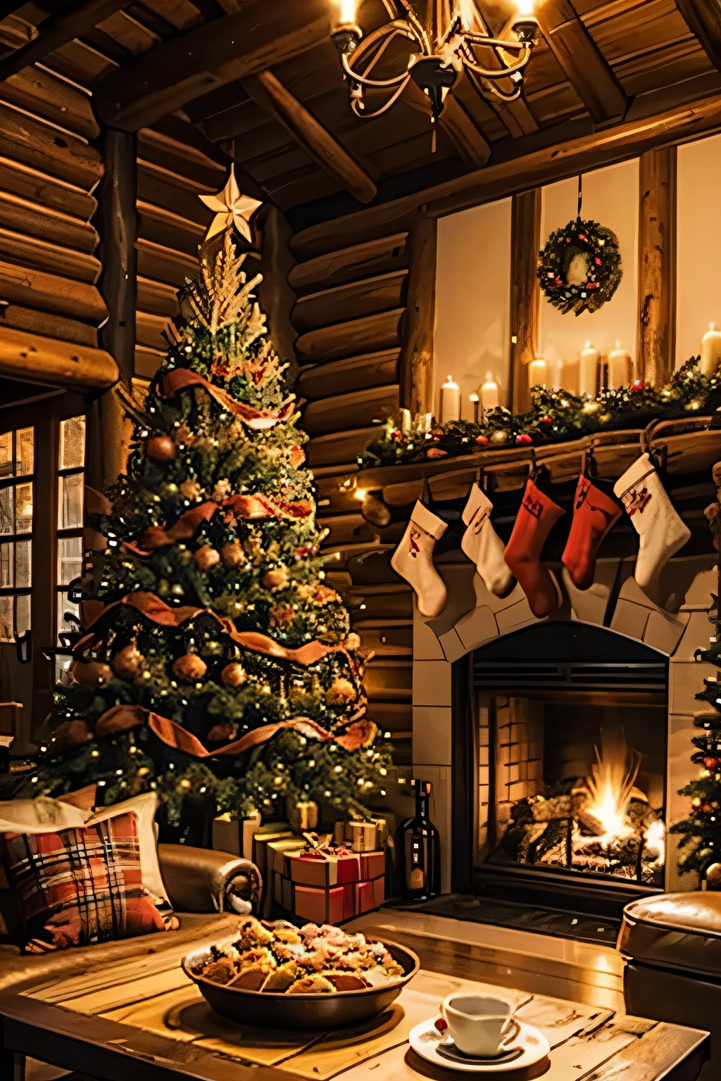 Inside a log house with a fireplace 、 a huge Christmas tree in the living room、 focus on the Christmas tree 、A gray-haired man in his 70s is reading on the sofa 、 The man is Western and wears a sweater and reading glasses、Late Night