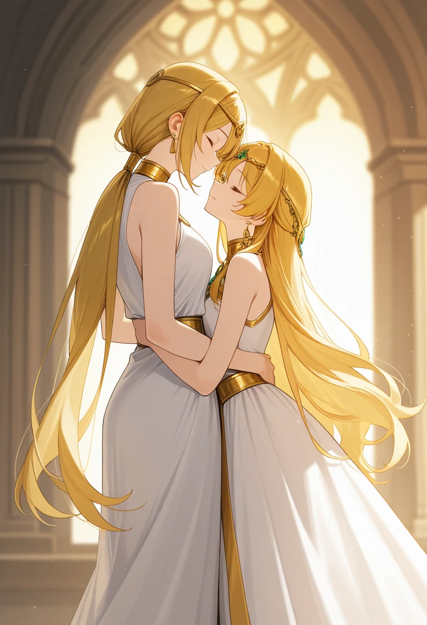 blonde very long hair, red eyes, wearing a sexy pink dress, ultrasharp, looking at the viewer, ((best quality)), ((masterpiece)), (detailed), perfect face, big breast, sexy body, sexy woman besides her, hugged, An anime scene of two girls hugging and kissing intensely, with hearts and sparkles floating around them as they stand under the cherry blossoms in a dreamy park