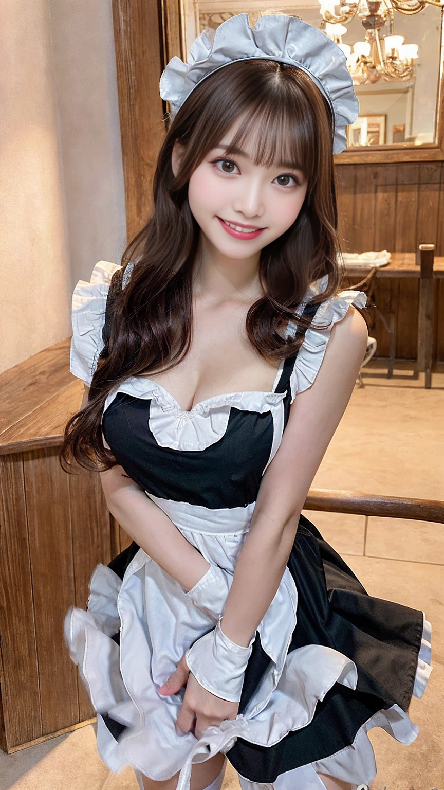 Wearing the cutest black French maid in the world,Z Cup Big,Sculpture model attracts, (1girl in:1.3)、photos realistic、Photorealsitic:1.4 Official art、ultra-detailliert、Beautiful and aesthetic、Beautiful fece、​masterpiece、top-quality、sitted、Spread your legs、Colossal tits、(barechested)、The cutest maid choker in the world、The cutest gloves in the world、Beautiful skin、The cutest earrings in the world、Cute smile、At the cutest café in the world、The cutest gravure idol pose in the world、The most attractive body in the world、Look back