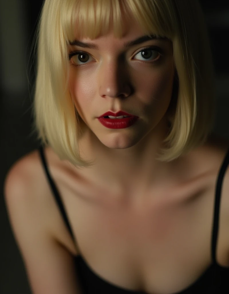 Anya Taylor Joy, close up photo, topless, seductive, detailed face, bob cut blonde hair, bangs