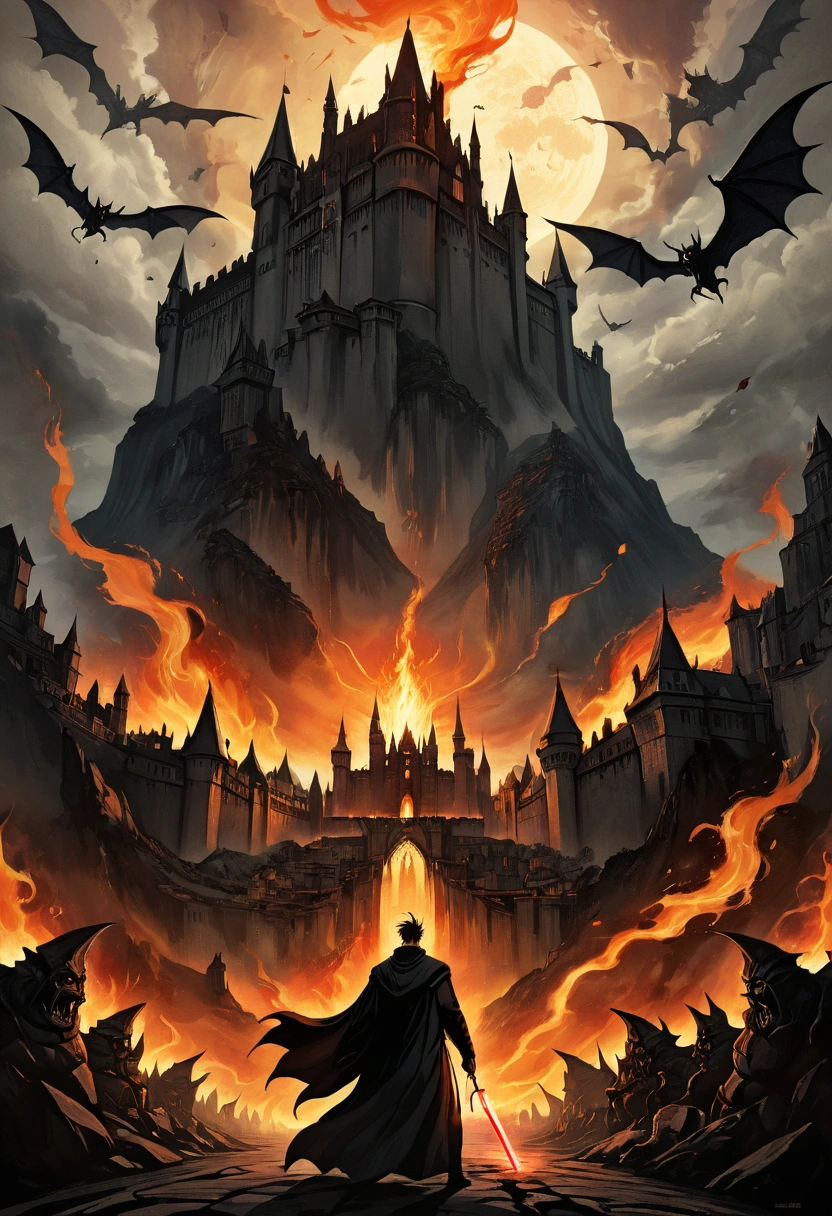 poster,   drawing on parchment  ,    dark ink painting   ,   detailed facial features  ,   sci-fi landscape ,  movie poster ,   high quality,    cinematic fortune   ,   masterpiece fails,  in the center of a young sorcerer ,  against the background of a gothic castle with demons,  around shards of buildings and fire 