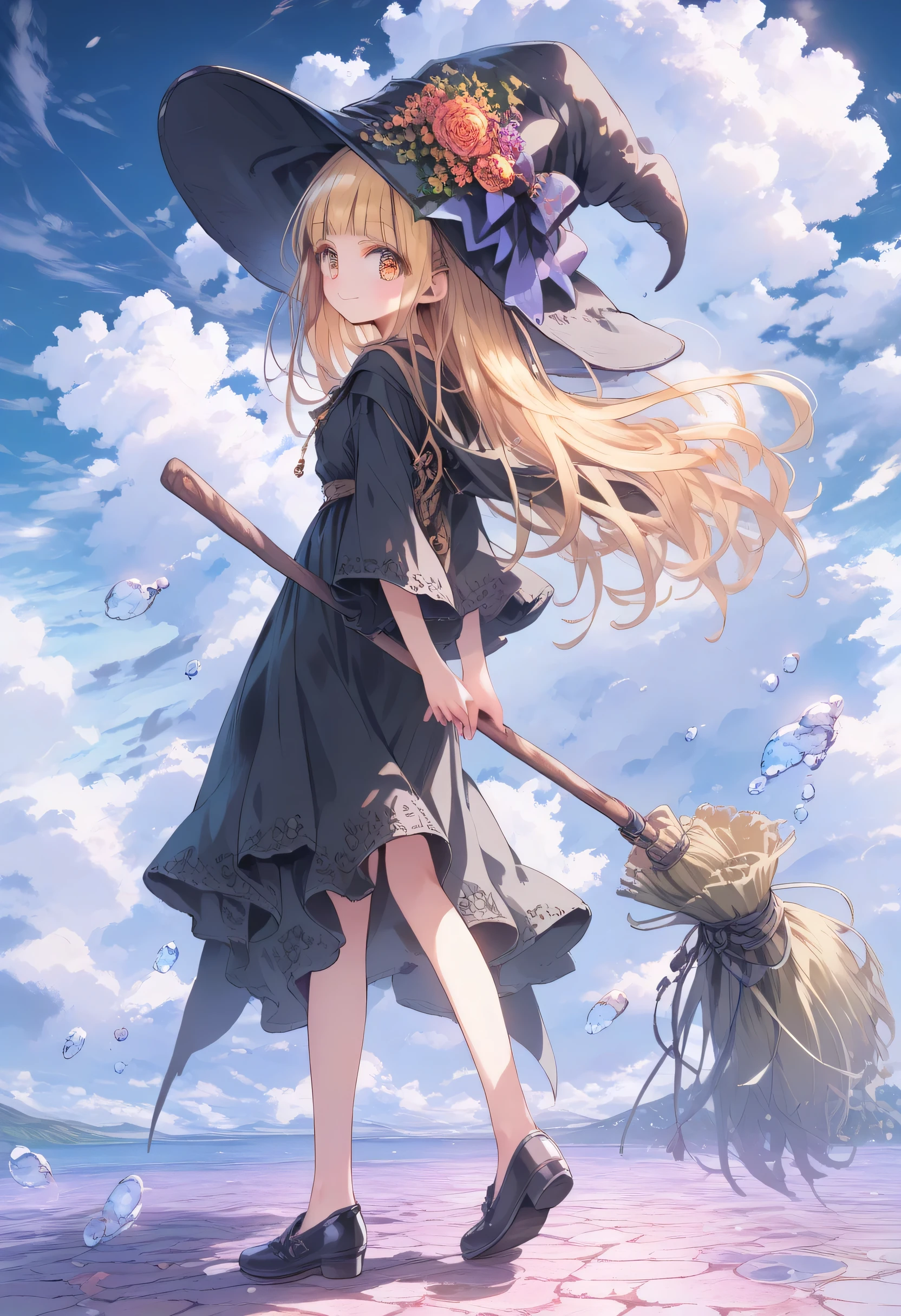 
score_9, score_8_up, score_7_up, score_6_up, score_5_up, score_4_up, masterpiece, best quality, source_anime, Beautiful flower fields all around the countryside、
alone,cute 1girl,(loli:1.4),blonde hair,straight long hair,blunt bangs,red eyes,blush,Smile,pastel hues,walking in お花畑,blurred edges,nostalgic mood,(blurry,(depth of field:1.1),arms behind back,mediterranean,(beautiful delicate sky:1.4),(full body)、Full body immersion、 (1 girl), witch, still young, , (Woman wearing glasses : 1.5, flying: 1.7), (from behind), holding broom, , smiling, black witch hat, black witch robe, witch shoes, thighs, blue sky, white clouds, calm sunlight,
break (fly high above the clouds:1.6),
(masterpiece), high definition, high saturation, sharp contrast, exquisite illustration, detailed face, detailed hair, detailed clothing texture, perfect anatomy, score_9,score_8_up,score_7_up,score_6_up,source_anime, sc3n3ry,AddXL