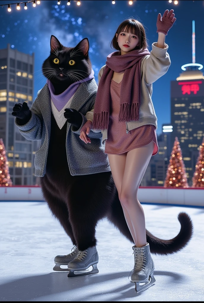 ultra-realistic, photorealistic, dramatic scene, shadow, global-illumination, solo, (teenage Japanese famous idol girl), very beautiful fragile Japanese girl, very beautiful with very cute, (very large breasts), slim waist, she is wearing\(a elegant winter jacket over a stylish pink one-piece dress, reddish brown woolen scarf, glove, short boots, dark navy tights\), (very large breasts), She is Ice skating with a human-like cute giant black cat\(ears down, as tall as she, chubby, standing like a human, gray long woolen coat over a white V-neck sweater, light purple woolen scarf\), At an outdoor skating rink on the roof of a department store, at night, professional lighting, amazing view of skyscrapers with milky way, (there are festively decorated Christmas trees), showing a graceful ice skating technique, quick turn, Brilliant turns on ice skates,