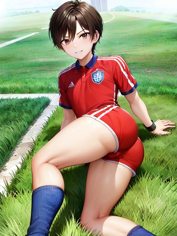 (((  Official Art  ,Ultra-thin illustration,   high definition  ,   debris flies, 最  High Quality  ,最  High Quality  ,)))  High Quality  ,   Details, (  little guys  ),,(((Alone)))、   super cute young ace striker male idol , Beautiful Boy　Planning ,   handsome face with a cool smile  , Soccer cleats ,   long legs  , Thighs, Foot , No bulge  , ( blondes、  short hair)、 Dark Skin 、 shiny hair, (  tight, shiny random color soccer uniform), (  Tight and Shiny Soccer Shorts  ), (  soccer socks  ),  Lawn area ,   cool pose, (厚いThighs、  your big butt will seduce you  )、(((  soccer field in the park  )))、((Cheeky、))、 Green 、  feet , Ultrafine paint , (最  High Quality  , In 4K, 8k,    high definition  ,   debris flies:1.2),  service shot  、((  Detailsな目:1.2))、 Show off your big butt  、 proud butts 、